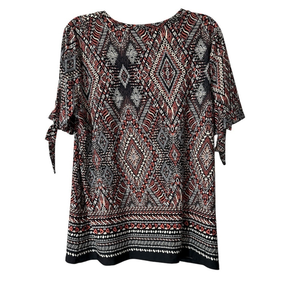 Tacera Tunic Top Scoop Neckline Sleeve Ties Black Red Tribal Print Size Large - Picture 3 of 9